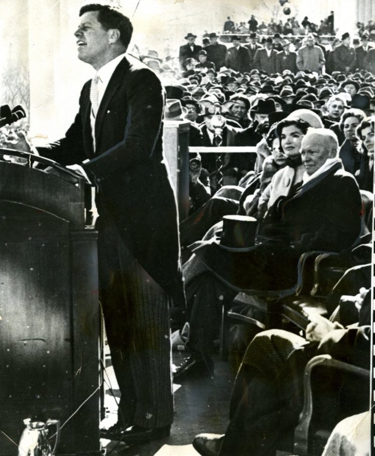 John F. Kennedy speaks in a morning jacket at his 1961 inauguration. Photo: Getty Images