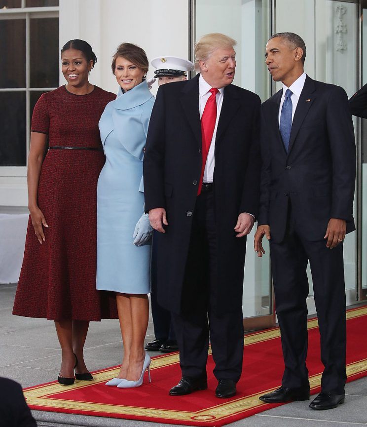 WASHINGTON, DC - JANUARY 20: President-elect Donald Trump (2ndR),and his wife Melania Trump (2ndL), are greeted by President Barack Obama and his wife first lady Michelle Obama, upon arriving at the White House on January 20, 2017 in Washington, DC. Later in the morning President-elect Trump will be sworn in as the nation's 45th president during an inaugural ceremony at the U.S. Capitol.