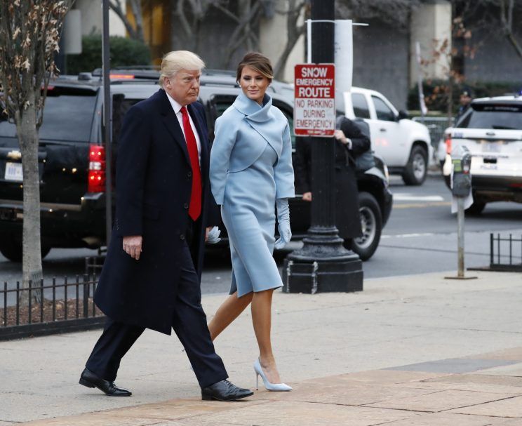 Melania Trump heading into church wearing a Ralph Lauren ensemble. (Photo: AP)
