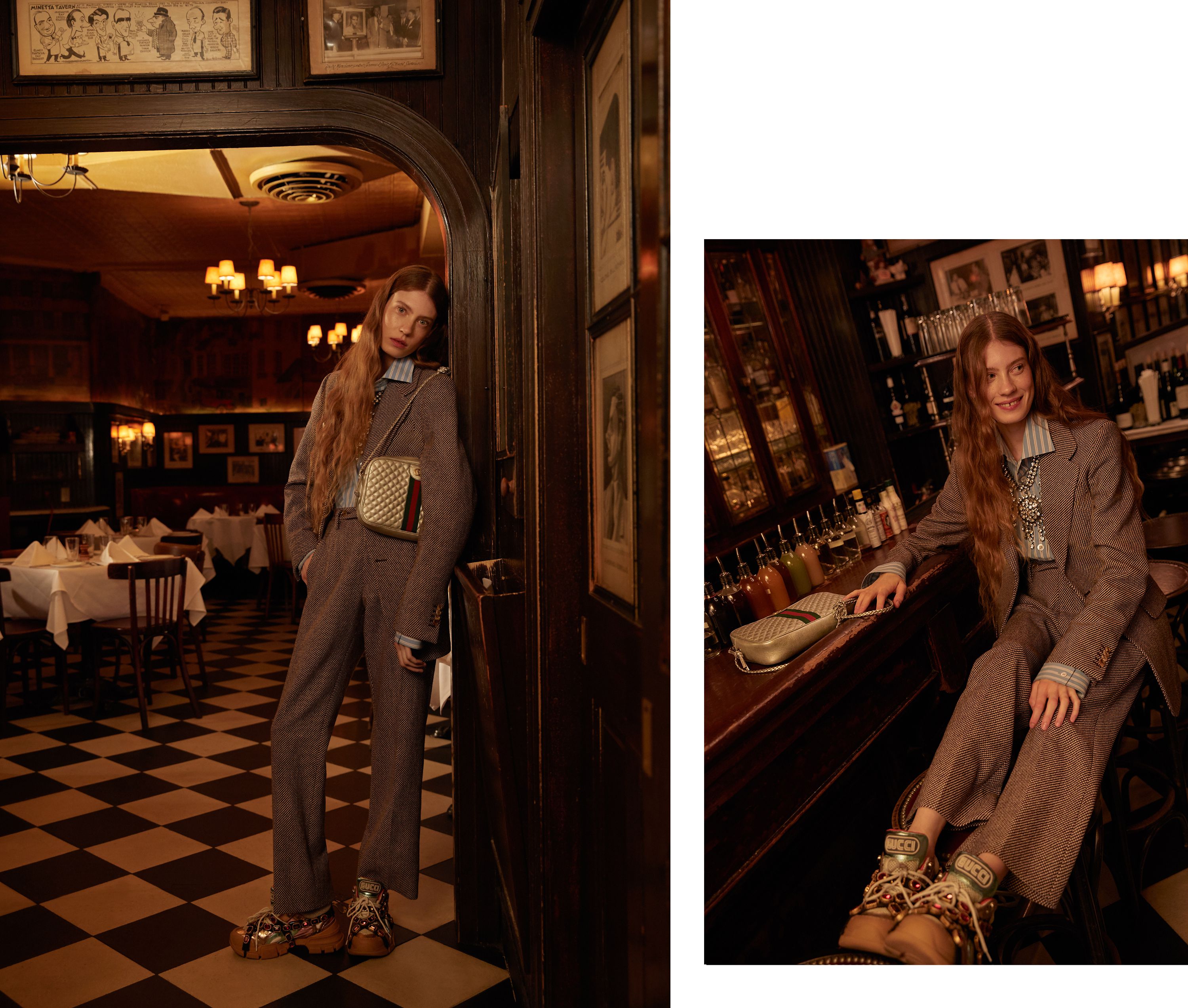 A model wearing Gucci standing in a bar A model wearing Gucci standing in a bar