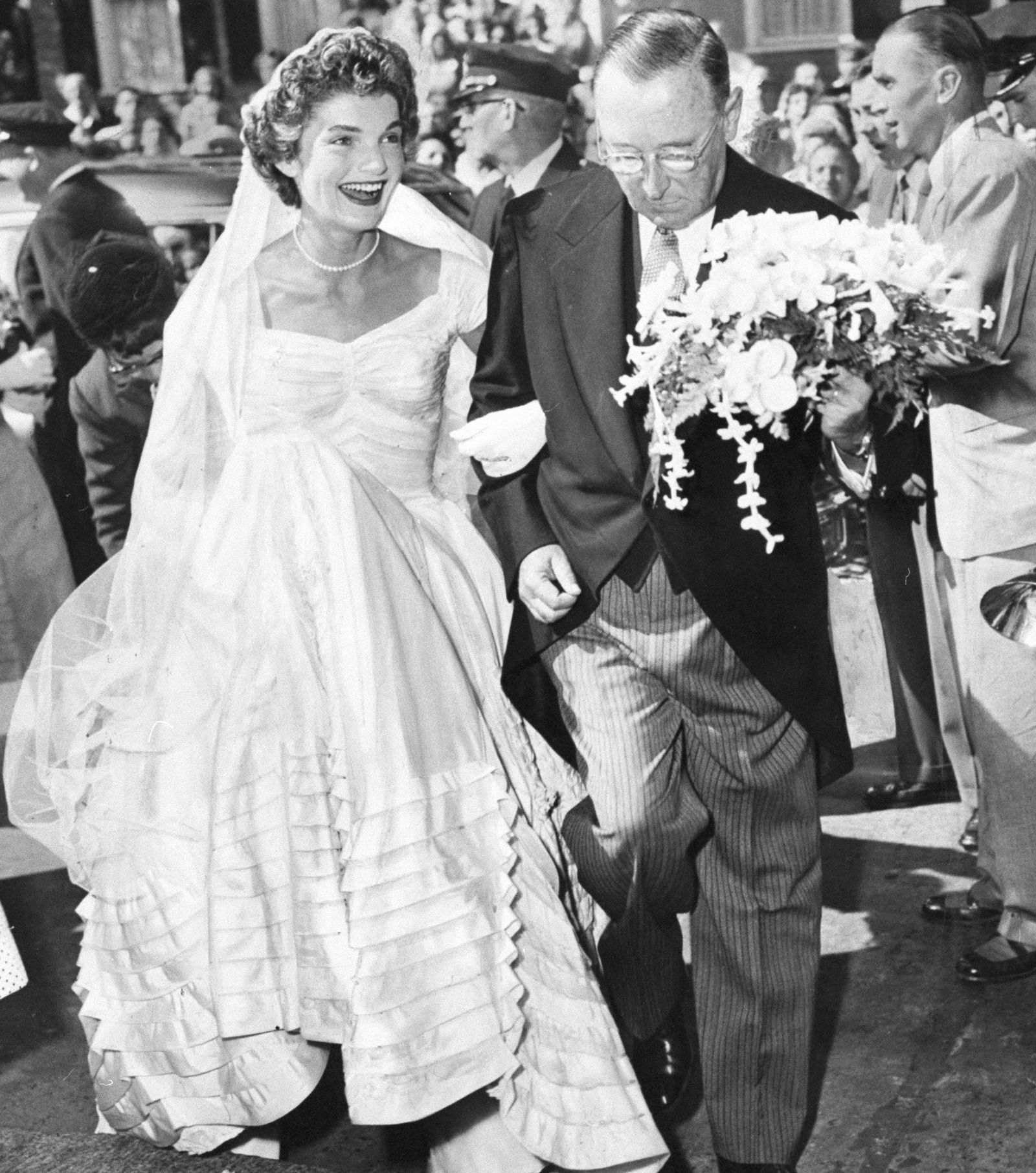 A smiling Jacqueline Bouvier arrives at St. Mary's Church in A smiling Jacqueline Bouvier arrives at St. Mary's Church in