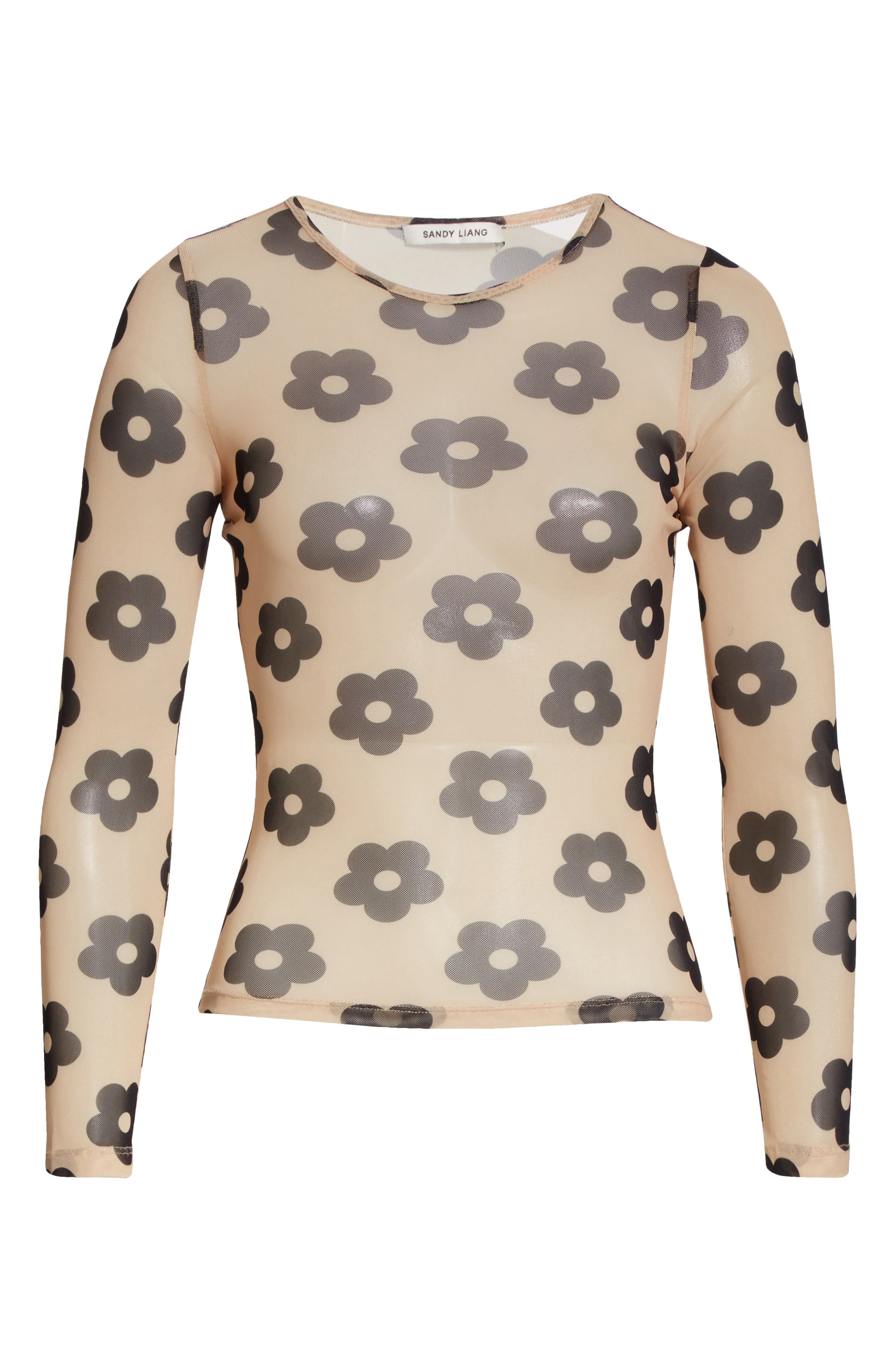Floral Print Mesh Long Sleeve T-Shirt